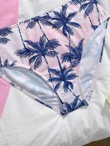 SHEIN 少女三件套比基尼，可爱粉色底色搭配扎染黑色棕榈树印花，针织面料，纯色挂脖上衣和荷叶边裙摆，时尚休闲优雅泳装，适合游泳、夏季度假、海滩、泳池派对等场合。少女夏季套装，两件套，适合夏季女孩，夏季度假服装，春夏精选黄色短裤荷叶边沙滩装，夏季女孩服装，青少年泳装，全包覆式上衣，夏季女孩海滩度假服装，女孩棕榈印花泳装 - 粉色 - 查看 6