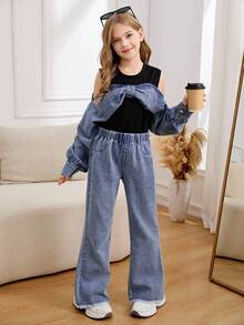 SHEIN 一套少女2026春夏新款休闲酷炫个性校园假期街头风浅蓝色牛仔拼接两件套大童露肩蝴蝶结拼接上衣+宽松阔腿牛仔裤春夏百搭品牌工装套装 - 深色水洗藍 - 查看 4