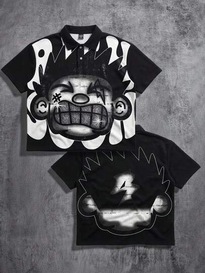 Manfinity ZONE917 Men's Oversized Distressed Funny Diamond Teeth Tattoo Big Face Allover Print Cropped Loose Graphic Polo T-Shirt Graphic Tees