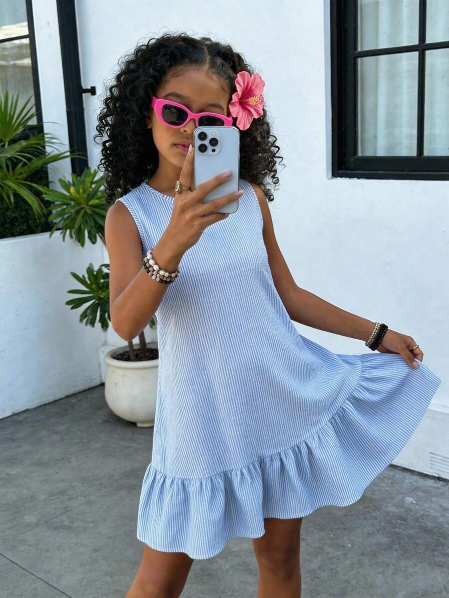 Vestido de muñeca casual de cuello redondo sin mangas con volantes en el bajo para niñas preadolescentes en primavera/verano, vestido de lino tejido a rayas para uso diario y viajes - Azul - Ver 1