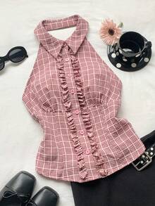 Comfortcana 女士格子荷叶边单排扣吊带衬衫，新年款；粉色波点 - 粉色 - 查看 5