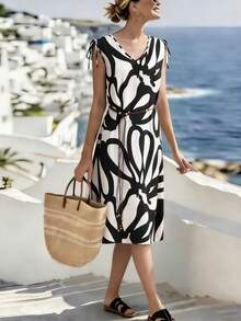 Zovinel 女士时尚夏季黑白花卉V领无袖系带露肩复古编织腰带竹纤维舒适面料百搭通勤日常街头优雅中长连衣裙 - 黑與白 - 查看 4