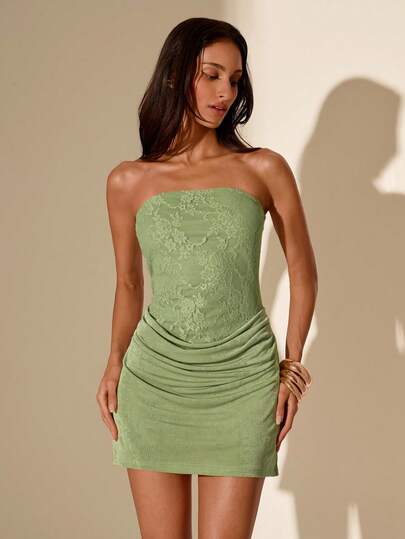 SHEIN Glamour New Green Tube Top Lace Backless Abdominal Folds Shrinkage At The Side Sexy Mini Dress, Wedding Guest Dress, Bridesmaid Dress, Ball Gowns Woman Formal, Date Night Dress, Ball Dress, Concert Women, New Year Eve Dress, Homecoming Dress Short , Valentine Day, Concert Women, New Year Party Dress, Graduation Lace Dress, Halloween Clothes, Country, Going Out Party Dress, Ladies Skirts, Hip-Covering Skirt, Lace Dress