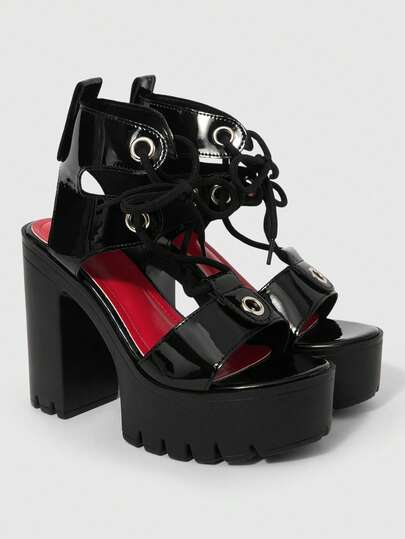 ROMWE Grunge Punk Women's Sexy And Elegant Black And Red Color-Block Lace-Up Open-Back Open-Toe High-Heeled Sandals, Featuring A Punk/Gothic Style Cutout Ankle Strap Design, Thick Platform, And Chunky Heel. Perfect For Spring And Summer, Nightclubs, Parties, And Festivals.