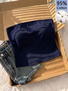 Tseoso 95% Cotton Women Tube Top Tight Casual Shirt, Suitable For All Seasons, Navy Blue - Navy Blue - View 1