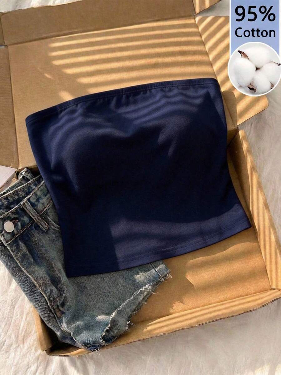 Tseoso 95% Cotton Women Tube Top Tight Casual Shirt, Suitable For All Seasons, Navy Blue - Navy Blue - View 1