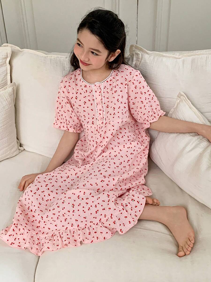 DAZY 少女可爱爱心印花圆领长袖睡裙，家居服 - 粉色 - 查看 1