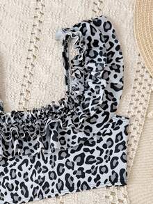 女童蓝白条纹比基尼套装，可爱荷叶边不对称肩带可调节三角泳衣两件套 - 彩色 - 查看 6