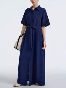 Aalyst Đầm sơ mi dáng suông màu xanh navy cổ bẻ thắt eo, phong cách thành thị thanh lịch, thích hợp cho mặc hàng ngày, đám cưới, dạ hội, đi làm, tiệc tốt nghiệp, kỳ nghỉ, hẹn hò, tiệc tùng, Halloween, Giáng sinh, Năm mới, Lễ Tạ ơn, đám cưới. - Màu xanh hải quân - Xem 4