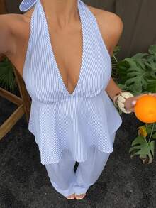 Sunnyshic Blue Striped Cotton Fabric Deep V-Neck Halter Backless Ruffle Hem Camisole And High Waist Straight Leg Wide Leg Pants 2 Piece Set, Women Spring Summer Vacation Beach Commute Elegant Cute Romantic Minimalist Casual Outing Date Versatile - Blue and White - View 4