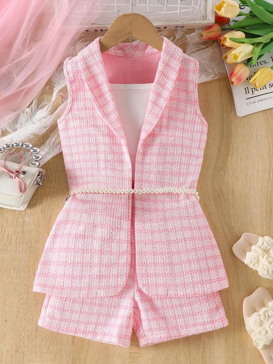 SHEIN Elladie kids 3件套少女粉色西装外套、吊带背心和短裤套装，正式休闲优雅夏季服装
