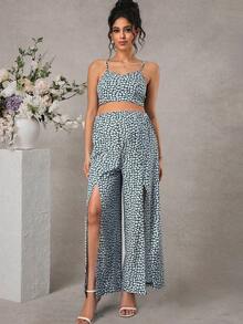 Momance Maternity Spaghetti Strap Ditsy Floral Sleeveless Top And Pants 2 Pieces Set, Summer - Green - View 6