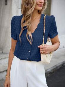Blusa holgada casual con volantes y estampado de lunares jacquard para mujer, primavera/verano - Azul Marino - Ver 3
