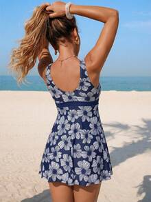 Swim Lushoire Women's Floral Print Beach Sarong,2026 Spring/Summer New Women's Swimwear Beach Vacation Collection: Elegant, Romantic, Sexy, And Sweet; Simple, Casual, And Versatile; Featuring A Bow-Tie Bikini, Removable Cup Pads, And Vibrant Holiday-Themed Colorful Prints. Perfect For Summer Outings, Beach Vacations, Island Getaways, Sunbathing, Road Trips, Cruise Ship Banquets, Afternoon Tea, Candlelight Dinners, Romantic Dates, Private Parties, Everyday Wear, Casual Style, And Even Music Festivals. A Must-Have Swimsuit For A Cool Summer Beach Trip! Sleeveless Dress Floral Print Dress Blue Short Dress Women's Summer Dress Cute Dress - Blue and White - View 2