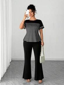 Elenzga Blusa holgada de punto a rayas con lazo y cuello redondo, de manga corta recta, para mujer de talla grande. Conjunto de 2 piezas cómodo y versátil, elegante para el hogar, el trabajo, vacaciones y fiestas casuales, que se combina con pantalones. - Multicolor - Ver 5