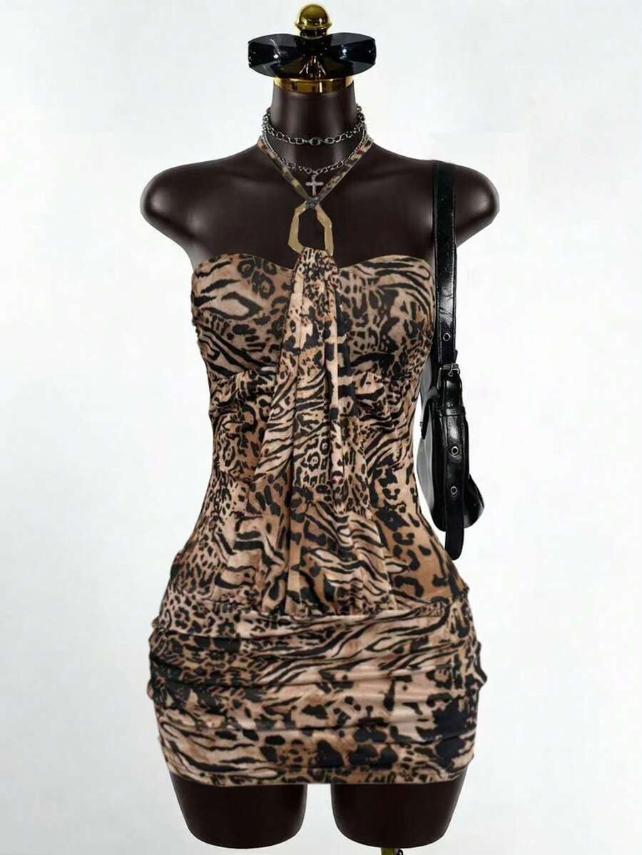 SaltGleam SaltGleam 女士性感露背斑马纹连衣裙 - 彩色 - 查看 1