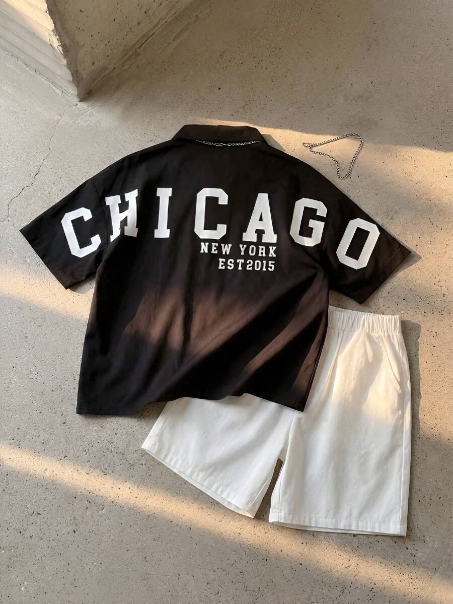 SHEIN 1件装青少年男童休闲舒适百搭字母印花蝙蝠袖衬衫,适合春夏穿着 - 黑色 - 查看 1
