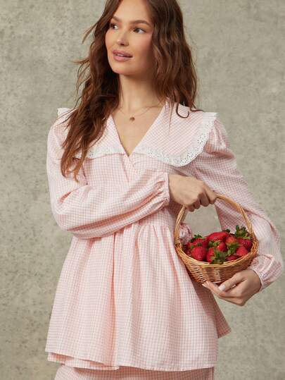WESTFADE Collared V Neck Long Puff Sleeve Wrap Front Seersucker Gingham Plaid & Floral Eyelet Tie Side Babydoll Top Spring, Resort Wear, Summer, Vacation, Beach, Festival, Casual, Cute, Boho, Nashville, Cowgirl, Rodeo, Country Concert Outfit, Western Wear For Women, Farmers Market, Picnic