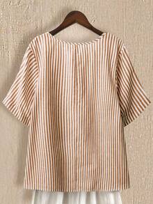 SHEIN LUNE 大码女式棉麻条纹圆领前开襟七分袖休闲度假衬衫新款上市，女士衬衫，新款优雅棉质商务休闲女式上衣，最新款女式上衣上市 - 卡其色 - 查看 2