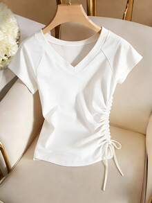 Franclia Elegant And Slim V-Neck Short-Sleeved One-Sided Drawstring Knitted White Spring And Summer Women's White T-Shirt Women's Casual T-Shirt Women's Elegant T-Shirt Women's White T-Shirt Women's Commuting Wear Women's Outing T-Shirt Women's Casual Vacation T-Shirt Women's Spring And Summer T-Shirt - White - View 1