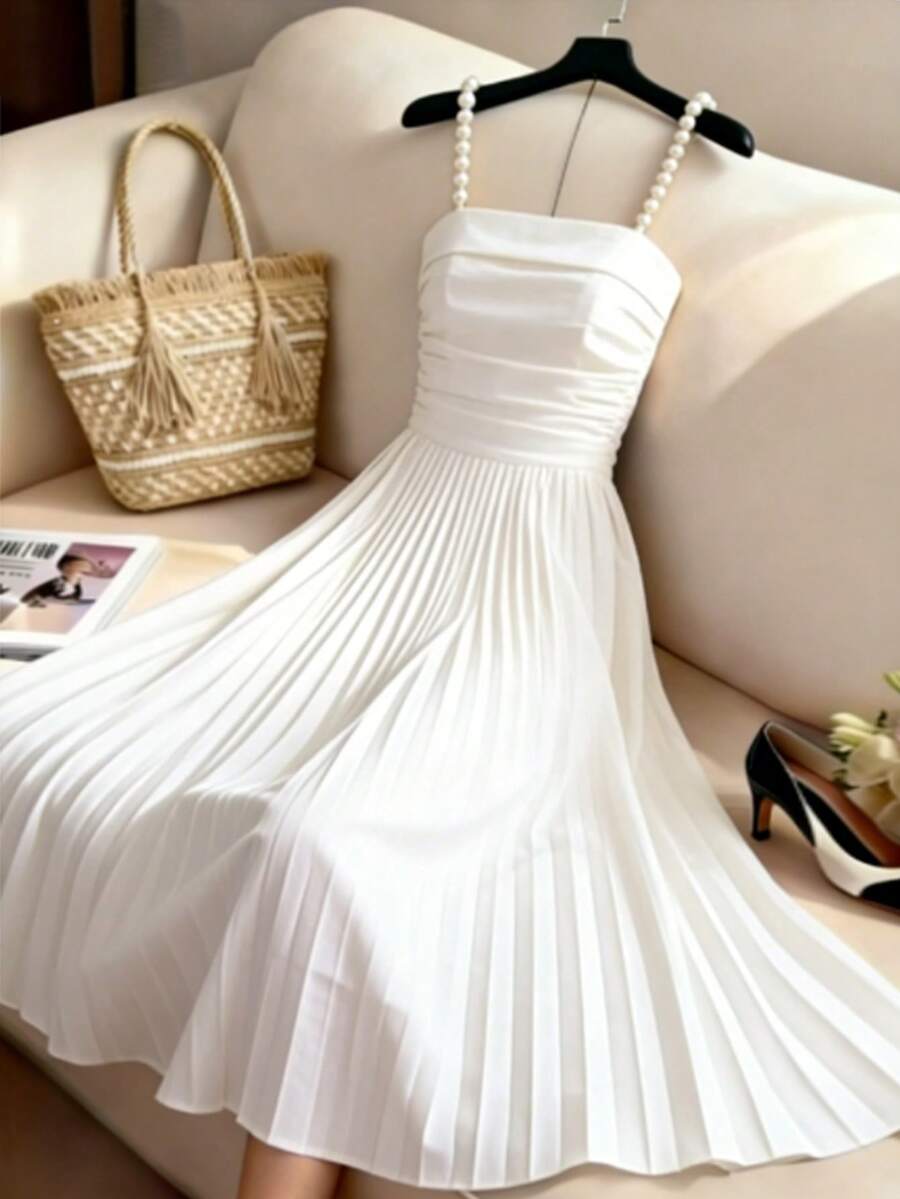 GlowEve 女士白色纹理面料喇叭袖方领纽扣腰部喇叭形蝴蝶结系带褶裥波西米亚风度假日常通勤优雅迷人时尚约会海滩街头百搭春夏白色长裙 - 白色 - 查看 1