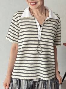 FRIFUL Women's Loose Casual T-Shirt With POLO Collar And All-Over Stripes - Black and White - View 2