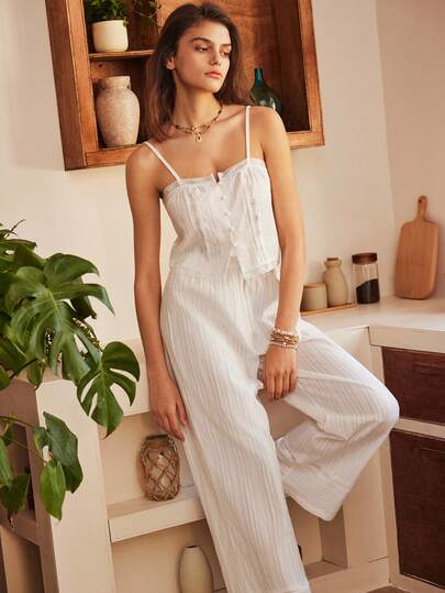 Woven Cotton Jacquard & Lace Patchwork, Romantic Bohemian Boho Style Camisole & Pants Pajama Set For Women