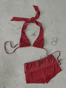 INAWLY Women's Beach Vacation Casual Polka Dot Print Halter Top & Shorts 2 Pieces Set - Red - View 2
