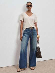 ATUI Studio 女士夏季度假休闲简约街头风时尚V领舒适透气亚麻针织T恤，适合秋季内搭、夏季女装、海滩度假、夏季女式上衣、外出女式上衣、可爱夏季上衣、亚麻上衣、商务休闲女装、办公室女装、秋季 - 杏色 - 查看 1