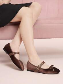 CUCCOO DOLLMOD Brown Soft Bottom Velvet Metal Rivet Decorative Ballet Bow Flat Bottom Casual Mary Jane - Korean velvet brown - View 4