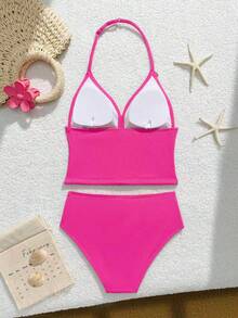 SHEIN Tween Girls Tankinis,Pink,Summer,Cute,Beach,Holiday Knit Fuchsia Ribbed Camisole Bikini Set,Shell&Starfish Decor Triangle Bottoms Modest 2 Pieces - Rose Red - View 2