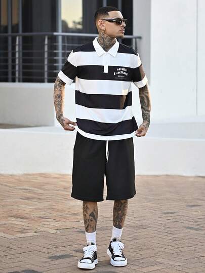 Devon Thys 男士休闲撞色条纹纽扣 Polo 衫