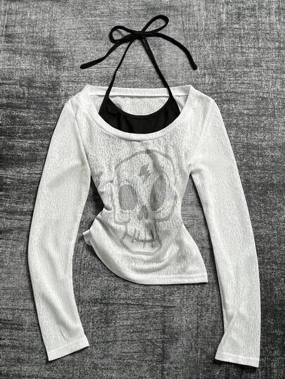 Glimmora Women's Casual Fashionable Street Skull Print Semi-Sheer Long Sleeve Top And Tie-Front Halter Top, Suitable For Spring And Autumn