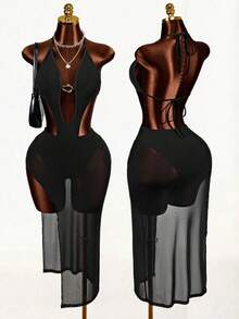 Mistrie Halter Neck Cut-Out Sheer Mesh Bodycon Maxi Dress With Irregular Hardware Accents(Sexy Club Party Outfit) - Black - View 1