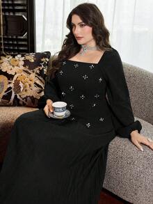 Modelyn Elegante conjunto de 2 piezas de talla grande con blusa de manga larga ajustada con decoración de diamantes en el cuello y falda plisada de unicolor - Negro - Ver 7