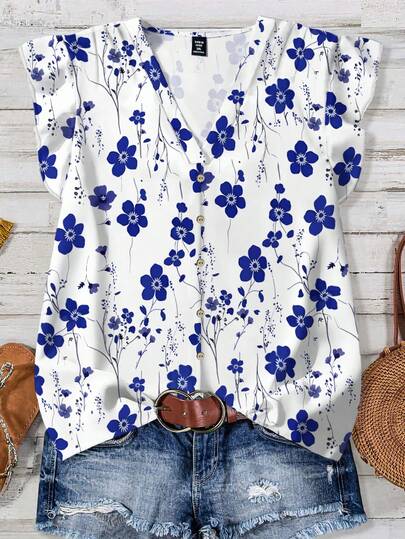 EMERY ROSE 蓝白碎花印花休闲宽松衬衫，适合夏季度假，大码可选