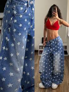 StreetHx Star Print Ombre Slant Pocket Loose Fit Denim Jeans - Blue - View 9