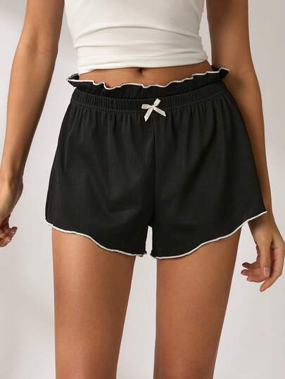 2件套女士撞色饰边蝴蝶结睡裤套装