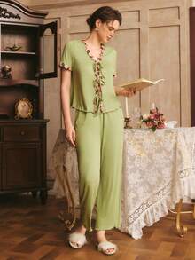 SHEIN 女士法式V领系带蕾丝边短袖开衫睡衣套装 - 橄欖綠 - 查看 4