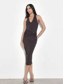 KSTM Women's Sleeveless V-Neck Bodycon Midi Dress With Twist Back Detail And Ruched Waist For Casual Evening Occasions - Coffee Brown - View 1
