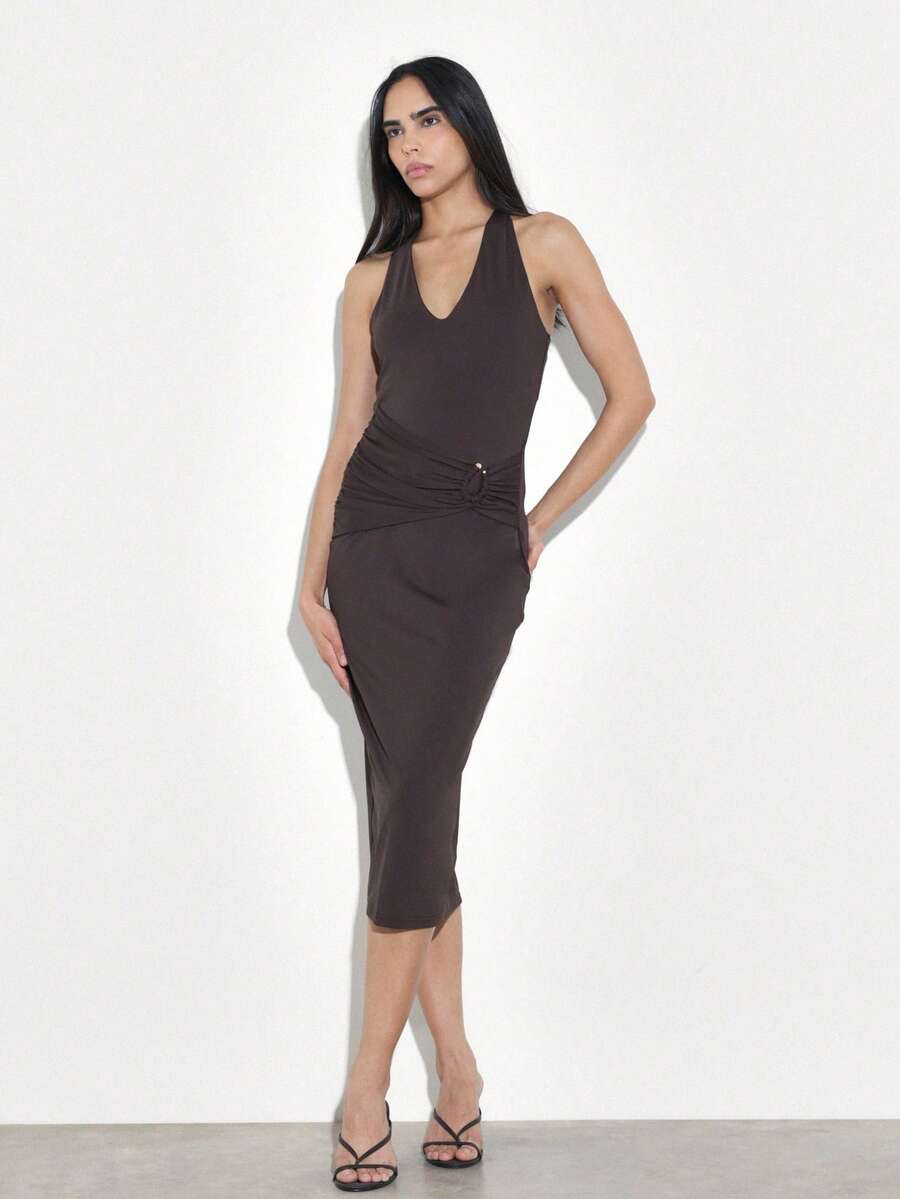 KSTM Women's Sleeveless V-Neck Bodycon Midi Dress With Twist Back Detail And Ruched Waist For Casual Evening Occasions - Coffee Brown - View 1