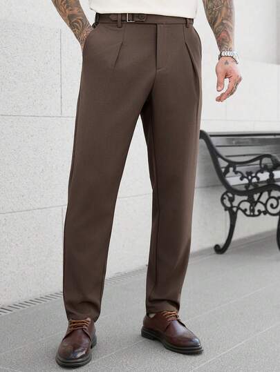 Manfinity CasualCool Men's Brown Casual Straight-Leg Pants, Versatile Dress Pants With Waist Design
