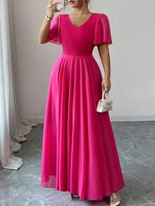 Elenzga Váy chữ A cổ chữ V tay bèo nhún bằng vải voan cỡ lớn dành cho nữ, đơn giản, thanh lịch, lãng mạn, duyên dáng, bồng bềnh - Màu Hồng Tươi - Xem 3