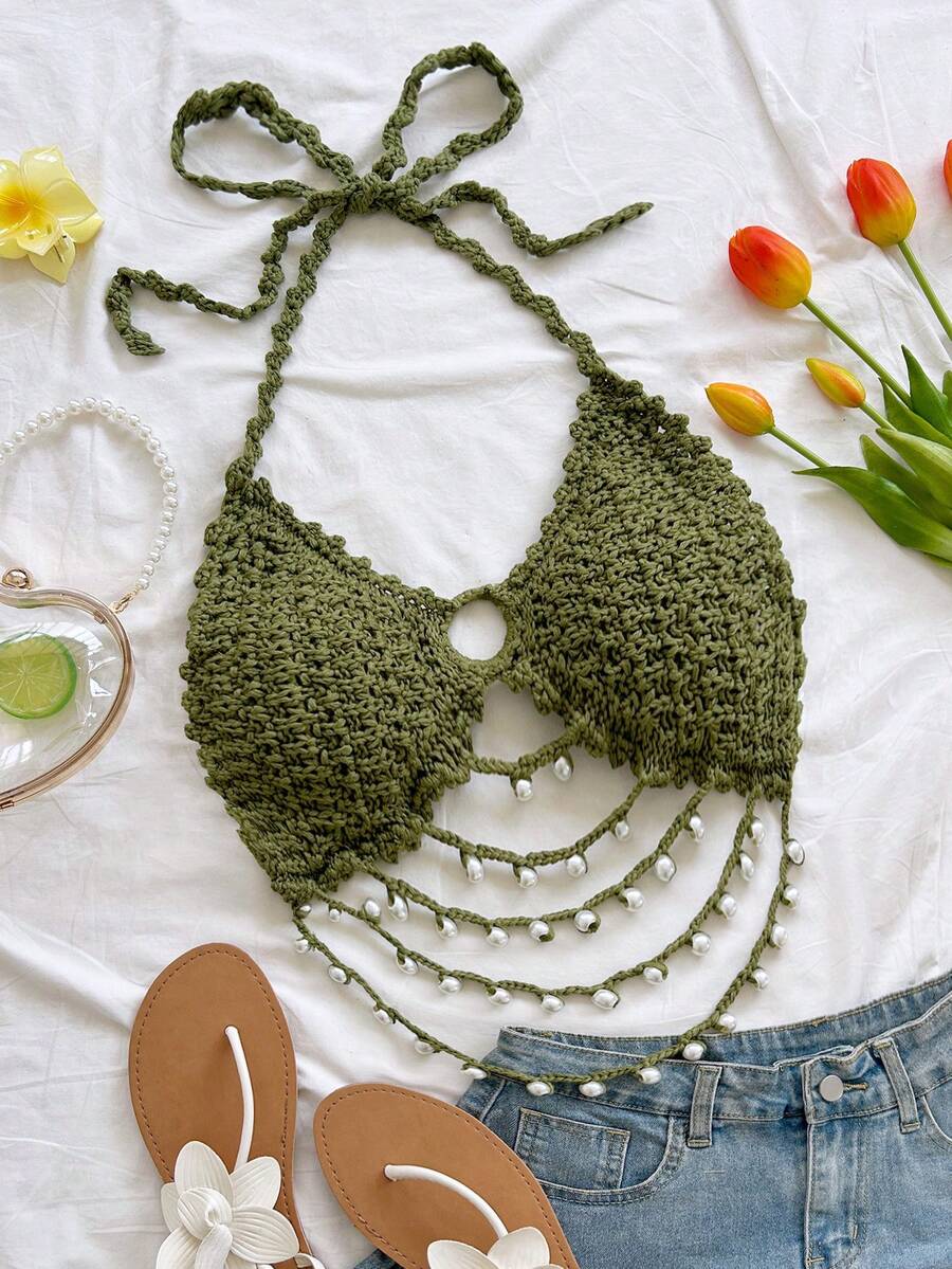 Soleia 新款春夏度假风V领无袖背心，珍珠链露背针织设计，适合海滩、波西米亚风、度假、复古、假日等场合。 - 軍綠色 - 查看 1