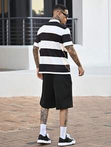 Devon Thys 男士休闲撞色条纹纽扣 Polo 衫 - 黑與白 - 查看 6