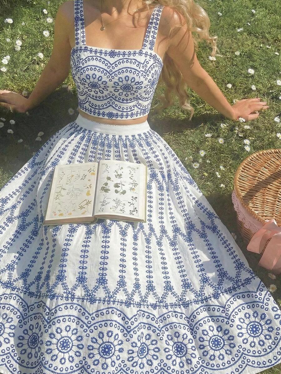 SHEIN MOD Women's Blue & White Floral Print Camisole And Skirt 2-Piece Set,Spring /Summer Outfits Women, Vacation Outfits Women,Party , Garden Party ,  Elegant Party, Wedding Guest Party Set,Going Out Outfits,Beach ,Summer Holiday Outfits ,Festival , Picnic,Birthday - Blue and White - View 1