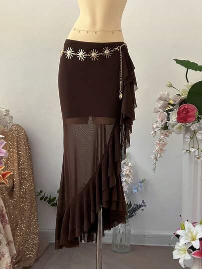 INAWLY Women's Solid Color Ruffle Hem Casual Versatile Date Outing Mini Skirt