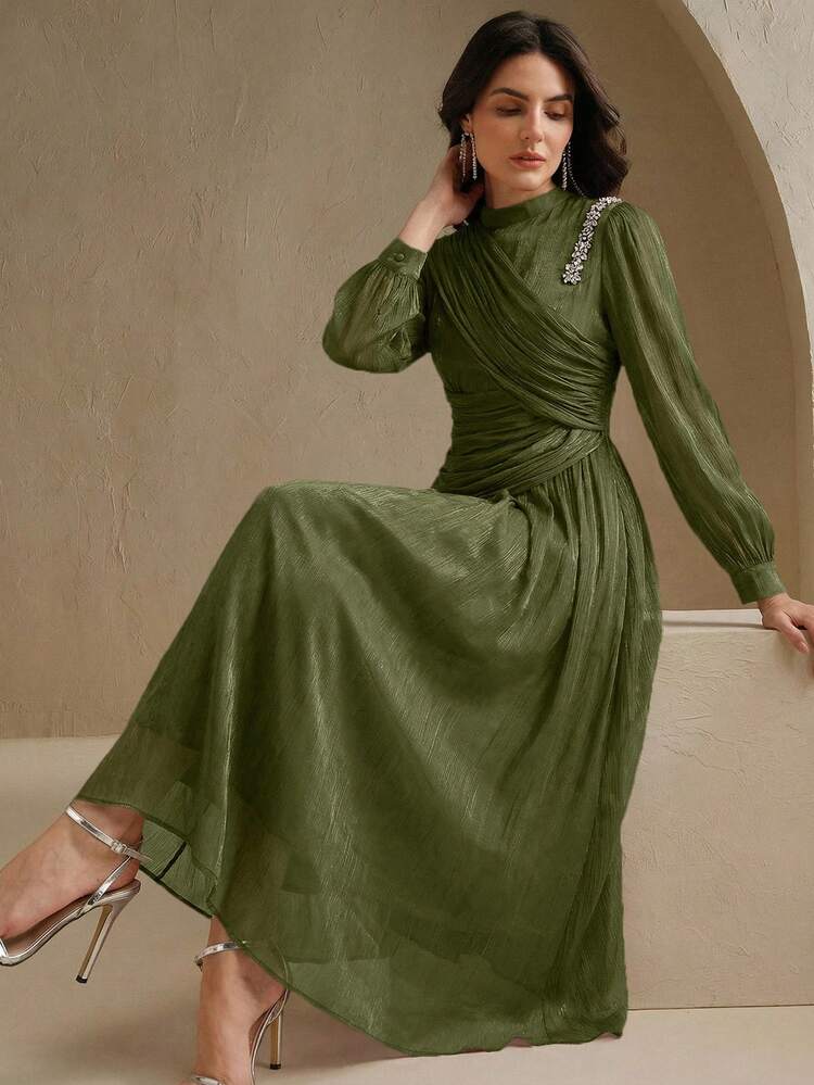 New Elegant Sparkly Ruched Dress With Long Sleeves, Suitable For Spring/Summer, Party, Wedding, New Year, Valentine's Day