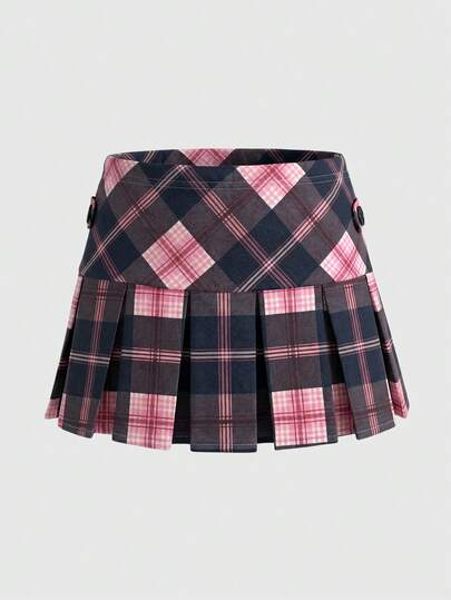 Rina Fox 2026 Pink Plaid Sexy Slim Pleated Mini Skirt