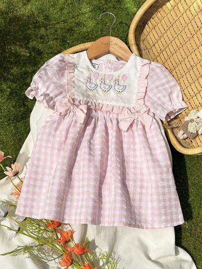 Vintaside Kids Babygirl Baby GirlSummer Round Neck Short Sleeve Fashionable & Cute Minimalist Plaid Dress, Suitable For Summer Outdoor, Camping, Vacation Or Daily Casual Wear